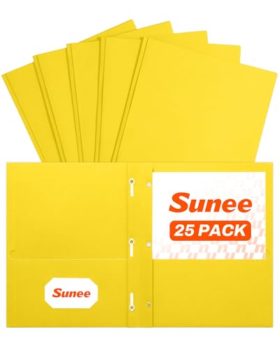 SUNEE 2 Pocket Folders with Prongs (25 Pack, Yellow), Paper Folders with 2 Pockets and 3 Prongs Fit Letter Size Paper, Folders with Prongs for School Office Home Business - color: Yellow