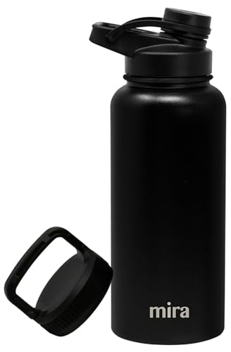 MIRA 32 oz Insulated Sports Bottle - Stainless Steel Temperature Control Thermo - Easy-Drink Spout (24Hr Cold/12Hr Hot) - Black - color: Black - 2 Lids