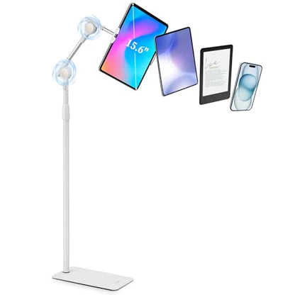 SHUWEI Tablet Floor Stand with Double Self-Locking Gears, 63”Height Adjustable iPad Floor Stand with 7.5lb Stable Base, Fits with 4.7-15.6'' iPad, Phone, Monitor (White) - color: White