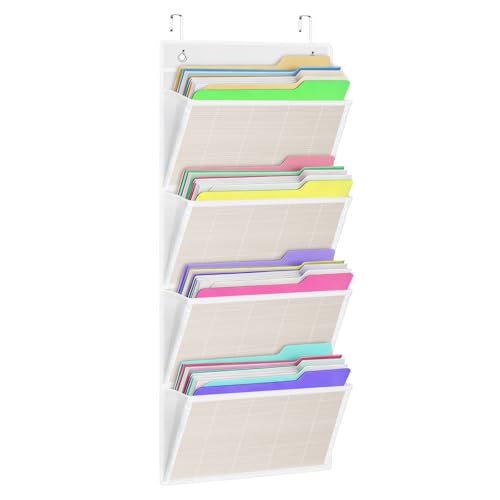 homyfort hanging wall file organizer, Over the door file folder organizer with 4 Large Bamboo Pockets, Suitable for Home, Office, Back to School Supplies Storage and Organization (White) - color: Bamboo White