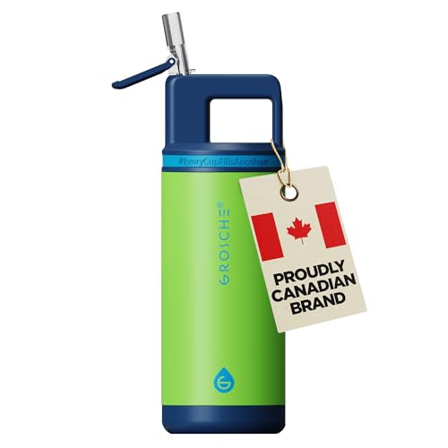 GROSCHE Alpine Flip 'N Sip Kids' Water Bottle with Straw, Dino Green, 16 oz | Stainless Steel, Leakproof Design, Keeps Drinks Cold up to 60 Hours, Ideal for Gym, Travel, Outdoors, Canadian Brand - color: Dino Green, size: 16 Ounces