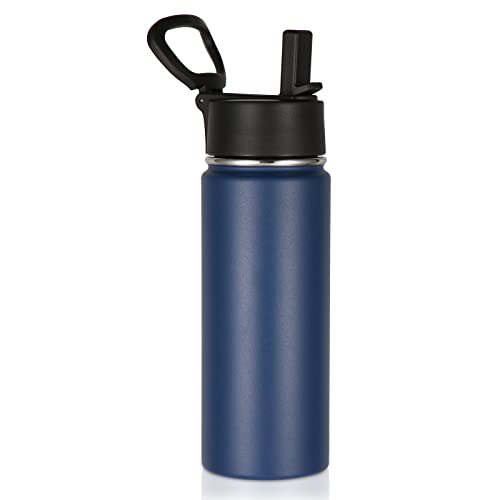 Volhoply 18oz Kids Insulated Water Bottle,Stainless Steel Water Bottles with Straw Lid,Double Wall Vacuum Reusable Metal Water Bottle,Wide Mouth Sports Travel Flask For Cold Drink(Navy,1 Set) - color: Navy