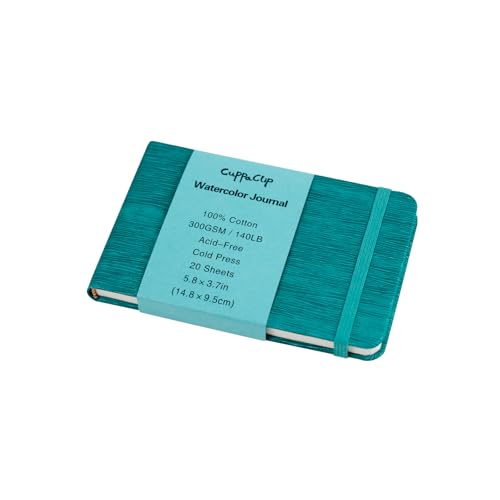 CuppaClip Leather Watercolor Journal, 300gsm/140lb 100% Cotton Cold Press Paper, 20 Sheets Acid-Free Travel Sketchbook–Professional Art Notebook for Painting, Drawing, Travel (Blue, 5.8x3.7in) - color: Blue, size: 5.8x3.7in