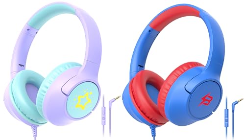 [Purple + Blue] Kids Headphones for School Travel, 85/94dB Volume Litmit, HD Mic Stereo Sound Wired Over-Ear Toddler Girls Boys Headphones for Kid, Foldable 3.5mm for Tablet