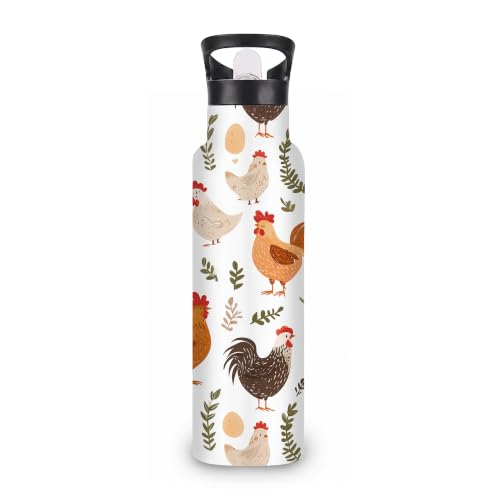 Chicken Farm 20 oz Insulated Water Bottles Rooster Grass Stainless Steel Thermal Bottle Leak Resistant with Straw Twist Cap and Handle for Sports Coffee Mug Cup - color: Chicken Farm,Rooster Grass