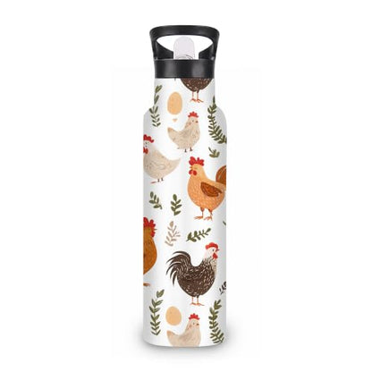 Chicken Farm 20 oz Insulated Water Bottles Rooster Grass Stainless Steel Thermal Bottle Leak Resistant with Straw Twist Cap and Handle for Sports Coffee Mug Cup - color: Chicken Farm,Rooster Grass