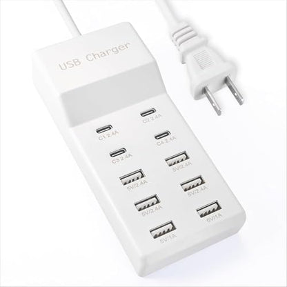 USB Charging Station with 6 USB-A and 4 USB-C Ports, 50W 10A USB Charger Block for Smart Phone, Tablet, Laptop, Multiple Devices - USB Power Strip with Auto-Detect Technology