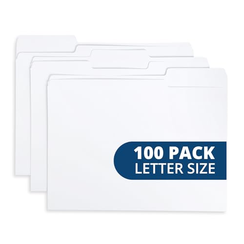 Blue Summit Supplies 100 File Folders, Letter Size, 1/3 Cut Tab, White | Durable 11pt uncoated paper, 1/3 cut top tab, assorted tab positions, for office, school, and home filing - color: White