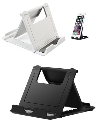 Portable Cell Phone Stand Holder for Desk, 【2 Pack】 Foldable Pocket-Sized Adjustable Mount, Universal Desktop Kickstand Compatible with iPhone, iPad, Kindle & Android Devices - Black & White - color: Black & White