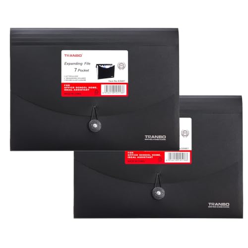 2 Pack 7 Pockets Accordion File Organizer, TRANBO Letter Size/A4 Expanding File Folder with Index Tabs, Expandable Plastic Document Organizer for Business Travel School Office Home, Black - style: 2 Pieces Black
