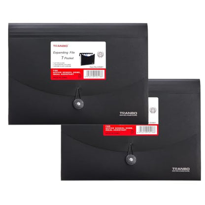 2 Pack 7 Pockets Accordion File Organizer, TRANBO Letter Size/A4 Expanding File Folder with Index Tabs, Expandable Plastic Document Organizer for Business Travel School Office Home, Black - style: 2 Pieces Black