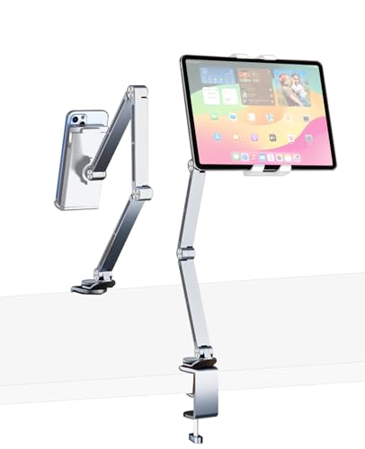 iPad Mount for Desk Aluminum Alloy Tablet Stand Foldable Overhead Arm Holder Mount Fits for 4.7-15.6" Screen Phone,Kindle,Fire HD,Monitor,iPad,Galaxy Tab Series (Silver) - color: silver