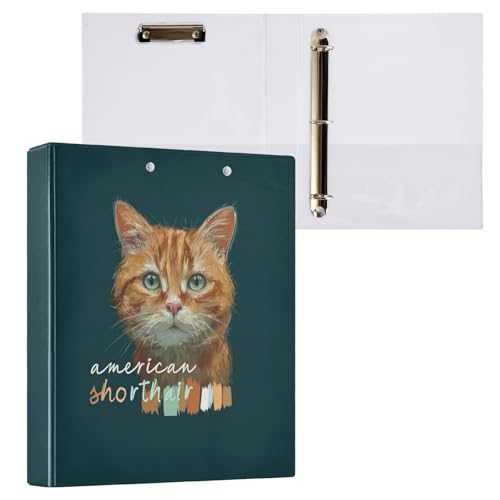 Fustylead Cute American Shorthair Cat 3 Ring Binder, D-Rings 1.5" Hardcover Folder, Fits 200 Sheets of A4 Paper, Durable Clipboard & Clean View with Inside Pockets for School Home Office - size: 12.4x10.63x2.36 Inch-1 Pack