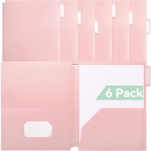 SortRax Plastic Folders with Pockets 3 Hole Punched, 6 Pack Pink Pocket Folders for 3 Ring Binder, Unique 1/3 Cut Tabs with Colorful Labels, School Folders, Letter Size - color: Pink, style: 2 Pockets with 3 Hole Punched