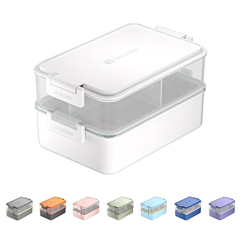 linoroso Stackable 2-Tier Adult Bento Box, 4 Compartments - Chalk White | leakproof sauce cups, utensil set included, microwave & dishwasher safe, 7 colors available, ideal for work/school/picnic - color: Chalk White