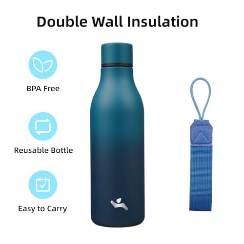Konokyo Insulated Water Bottle with Strap,18 oz Double Wall Stainless Steel Vacuum Bottles Metal Water Flask,Indigo Black - color: Indigo Black, size: 18 Ounces