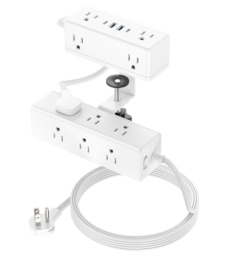 Dual Layer Desk Clamp Power Strip, 13 Outlets, 4 USB (2 USB-C), Black, 5FT | 20W Fast Charging Station, Edge Mount Surge Protector 1200J, Fits 2.15" Tabletop Edge, for Home Office, ETL Listed - color: White