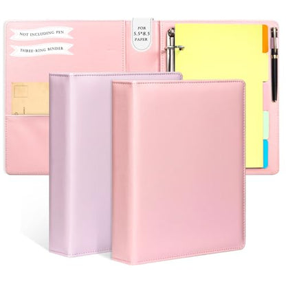 2 Pack Mini Size 3 Ring Binder 1 Inch Rings 5 Colors Dividers Pu Leather Binders 5.5" X 8.5" Holds 200 Sheets Paper Three Ring Binder DRing with Pen Loop 1 Pockets School Office (Purple&Pink) - color: Purple&pink, size: 1"D Ring