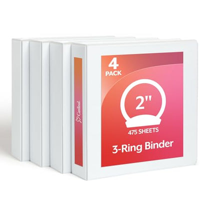 Cardinal 2 Inch 3 Ring Binders, White, 4 Pack, Round Ring Binder, Holds 475 Sheets, PVC Free, Customizable Covers, 2 Pocket View Binders for Office and School Organization - size: 2-Inch