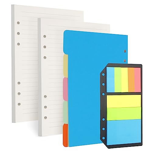 Toplive A5 Refill Paper, Lined Loose Leaf Inserts - 90 Sheets (180 Pages) with 5 Colorful Dividers & 1 Pack Sticky Notes, Refillable for 6 Ring Binder, Journal & Notebook-Perfect for Daily Notes,Study - style: 2Pack Line Paper+Divider+Label