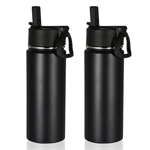 Volhoply 18oz Insulated Water Bottle Bulk 2 Pack,Kids Stainless Steel Water Bottles with Straw Lid,Wide Mouth Reusable Metal Bottle,Double Wall Vacuum Sports Flask For Cold Drink(Black,2 Set) - color: Black