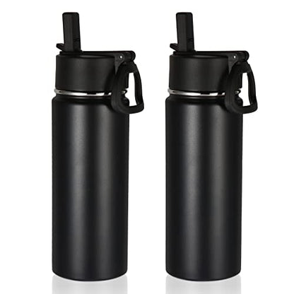 Volhoply 18oz Insulated Water Bottle Bulk 2 Pack,Kids Stainless Steel Water Bottles with Straw Lid,Wide Mouth Reusable Metal Bottle,Double Wall Vacuum Sports Flask For Cold Drink(Black,2 Set) - color: Black