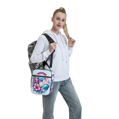 Dolphin Flowers Sunset Wave Ocean Lunch Bag 10In | Insulated Lunch Box Reusable Tote Bag For Picnic Office For Women Men - color: Style 10