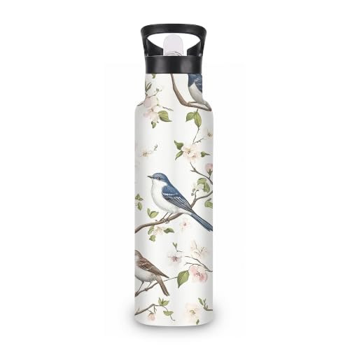 Bird Branch Insulated Water Bottle,Spring Blossom Stainless Steel Water Bottles 20 oz with Straw Lid,Leak Resistant Double Wall Insulated Flask with Handle for Travel Outdoor Gym - color: Bird Branch,Spring Blossom