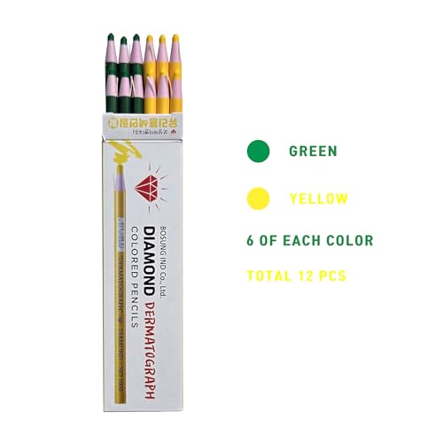Dermatograph Grease Pencils Set of 12, China Markers, Yellow & Green | Suitable for Identification, Layouts, Crafts and DIY Projects on Glass, Metal, Plastic, Wood and Various Materials - color: Yellow & Green