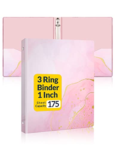 SUNEE 1 Inch 3 Ring Binder, Pink Binder, Cute Binder with 2 Pockets, Heavy Duty Letter Size Organizer for School and Office Supplies (8.5 x 11 Inches), Pink Marble Design - color: Pink Marble, size: 1 in, style: Single Binder