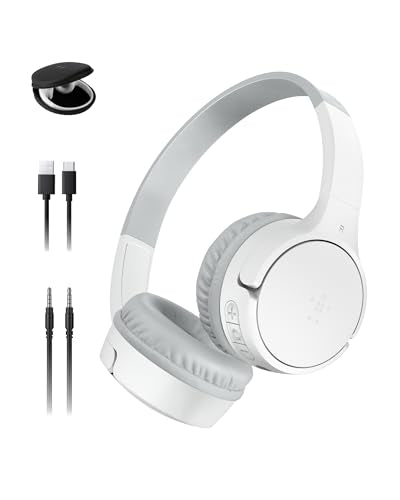 Belkin SoundForm Mini Kids Wireless Headphones w/Built-in Microphone, 30H of Playback Time, Fun Stickers, & Case - Over-Ear Headsets for Online Learning, School, iPhone, iPad, Galaxy, & More - White - color: White, style: Wireless (USB-C) + Case