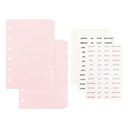A7 Dividers 6 Holes Durable Plastic Binder Dividers with 6 Tabs, Transparent Writable and Erasable File Page Separators for Loose Leaf Ring Binders, Notebooks (Pink - 2 Sets with Stickers)