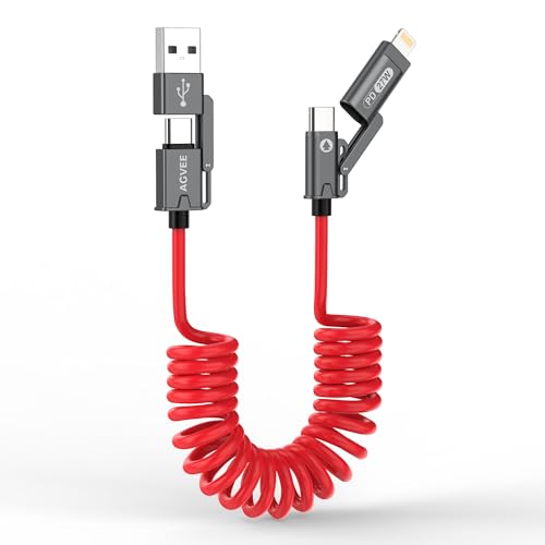 AGVEE 3ft 4-in-1 Coiled Multi Charging Charger Data Transfer Cable | Secure-Slide No-Loss Adapters, Slim Tips Fit Thick Cases, Lightning End Reinforced, PD 60W for iPhone Carplay, Android Auto - color: Red, size: 3ft, style: 4 in 1