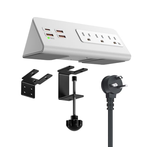 Power Charge Station Edge clamp Mount with USB-C Ports，Tabletop Surge Protector, Desk Clamp Power Sockets with 3 AC Outlets and 4 Fast Charging USB Ports for Home Office Hotel and Dormitory (White) - color: White