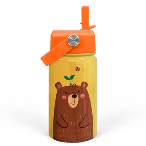 Bear Water Bottle - Kids Water Bottle with Straw Lid - 12 Oz Insulated Stainless Steel Water Bottles for Kid Boys - Travel Cup for School Sports - color: Bear 2