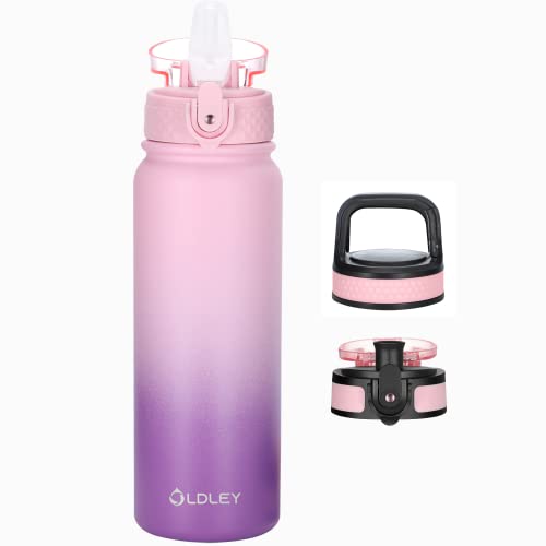 Oldley Water Bottles 20 oz Insulated Water Bottle with Straw 3 Lids,Vacuum Stainless Steel Water Bottles, Leak & Sweat Proof Sport Water Bottle Gym for Kids Adults - color: A-Pink&Purple, size: 20 Ounces