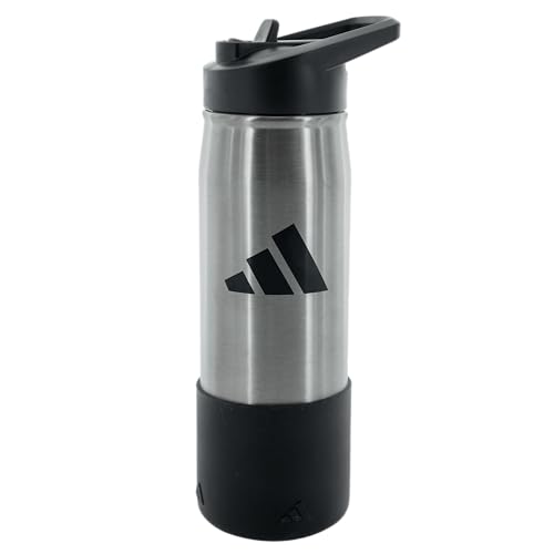 adidas Stainless Steel Metal Water Bottle 20 oz (600 mL) Straw Lid - color: Stainless Steel/Black/2