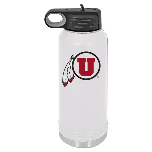 Game Day Outfitters Utah 32oz Stainless Steel Double Walled White Beverage Bottle with Flip Straw Spout - College Gear for Playoff Season – For Office, Home or Auto – Show your Utes Pride - style: Utah / White