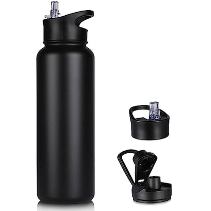 40 oz Insulated Water Bottle with Straw, Stainless Steel Sports Water Bottles with 2 Lids (Straw and Wide Mouth lid), Double Wall Vacuum, Leakproof, BPA-Free, Black - color: Black, size: 40 Ounces