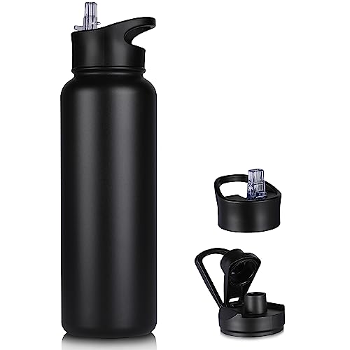 40 oz Insulated Water Bottle with Straw, Stainless Steel Sports Water Bottles with 2 Lids (Straw and Wide Mouth lid), Double Wall Vacuum, Leakproof, BPA-Free, Black - color: Black, size: 40 Ounces