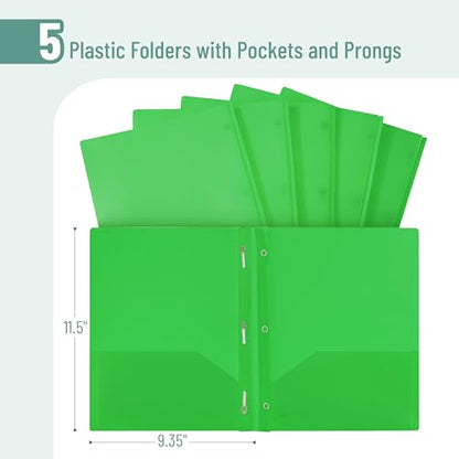 Mr. Pen- Plastic Folders with Pockets and Prongs, 5 Pack, Letter Size | Pocket Folders, Folders with Prongs, File Folders with Fasteners, 2 Pocket Folder - color: Green, size: 5 Pack