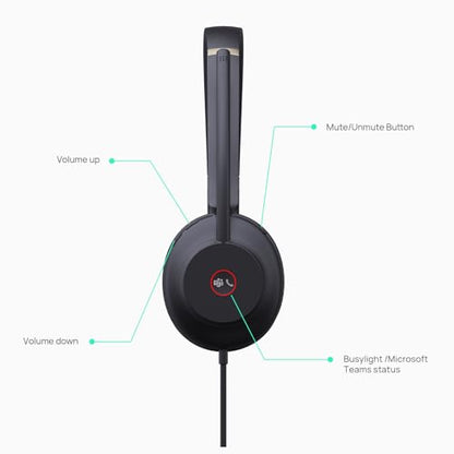 Yealink UH37 USB Headset with Microphone for PC Stereo Headphones with Noise Cancelling Microphone for Computer Laptop On-Ear Wired Teams Headset for Office Call Center USB-C/A - style: Stereo