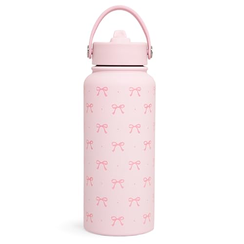 Pink Bow Water Bottle Stainless Steel Insulated Vacuum 32oz with Lid, Gifts for Women Girls Teens Birthday Christmas - color: Coquette Pink Bow