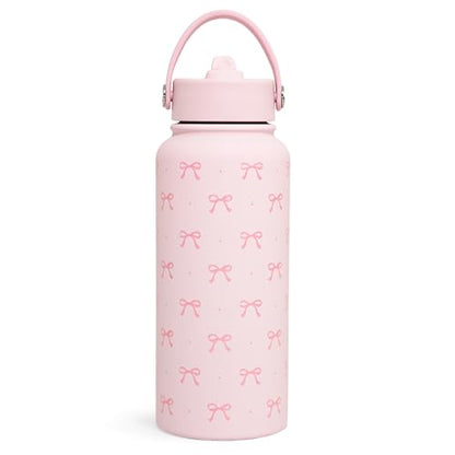 Pink Bow Water Bottle Stainless Steel Insulated Vacuum 32oz with Lid, Gifts for Women Girls Teens Birthday Christmas - color: Coquette Pink Bow