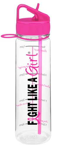 Fight Like a Girl Hybrid SlimKim 30 oz Motivational Water Bottle with Time Marker & Straw for Breast Cancer Awareness - Reusable Clear Water Bottle for Workout, Gym, Travel - Hot Pink - color: Hot Pink