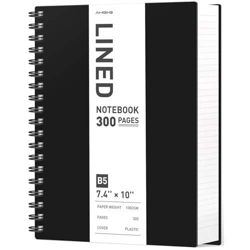 AHGXG Spiral Notebook College Ruled - Spiral Notebook Journal Large B5 7.6" x 10", 300 Pages/150 Sheets, 100GSM Thick Paper, Plastic Hardcover, for Women Men Office School, Black - color: Black, size: B5-Regular