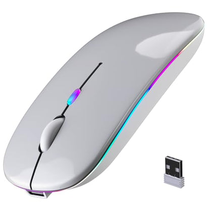 Wireless Bluetooth Mouse, Rechargeable, LED, Silent, Ultra-thin Design (Bluetooth 5.2 and 2.4GHz USB Receiver) | Portable Computer Mouse for Laptops, iPads, MacBooks and Apple Devices (Silver) - color: Silver