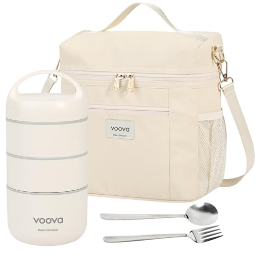 Voova Stackable Stainless Steel Thermal Lunch Box with Lunch Bag and Cultery Set for Adult Women Men, 3 Tier Leakproof & Microwave Safe Insulated Bento Boxes Food Container for Work, Beige - color: Beige