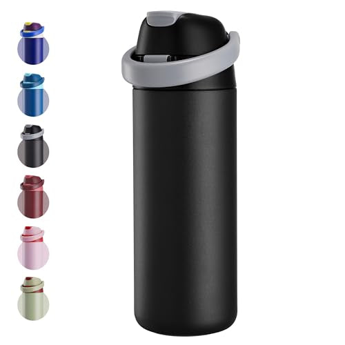Fijinhom 18 oz Insulated Water Bottle, Stainless Steel Water Bottle with 2-in-1 Straw and Push-Button Spout Lid, Keeps 24 Hours Cold, Double Wall Vacuum Leak-Proof & BPA-Free for Sports, Travel, Black - color: Black, size: 18 Ounces