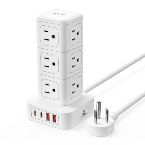 ORICO Tower Power Strip with Surge Protection, Charging Station Tower with 12 AC Outlets 4 USB Ports (2 USB C), Space Saving Design, 5FT Tower Extension Cord for Home, Office, Dorm - TPP20 - color: White, size: 5FT